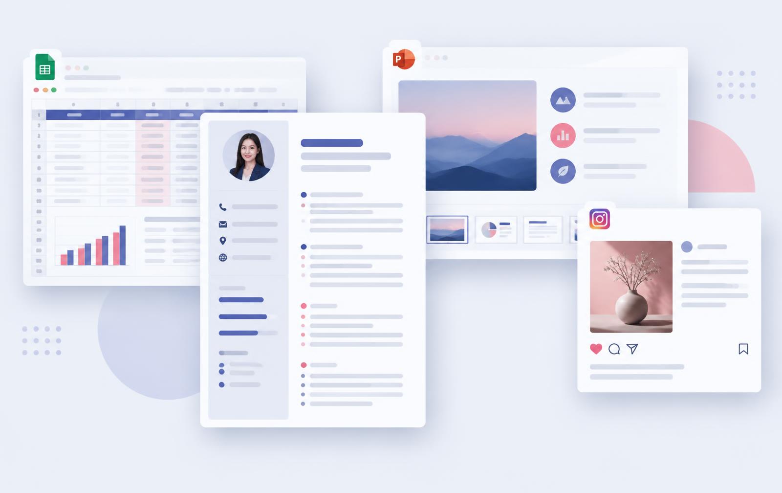 Vistas previas de plantillas editables para Canva, Excel y PowerPoint